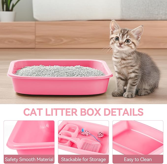PAWISE Small Cat Litter Box Kit for Kittens – 5‑Piece Kit with Low Entry Litter Pan, Scooper, Feeding Bowls & Mouse Toy – Cat Starter Set for New Kitty Home, Pink