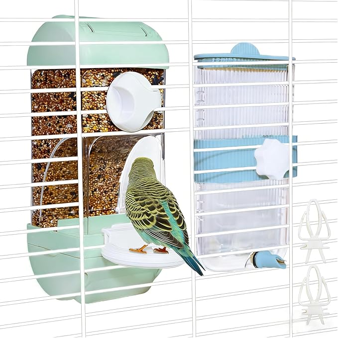 Automatic Bird Feeder Waterer Kit Bird Cage Hanging Waterer Parakeet Leak-Proof Feeder Parrot Vegetable Clips Cage Accessories for Budgies Lovebirds Finches Canaries Parrotlets Conures (Green)