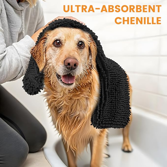 Smiry Chenille Dog Drying Towel, Extra Absorbent Bath Towel for Mud Dogs, Ultra Soft Quick Dry Pet Wash Mitt for Bathing, Grooming and Post-Walk Cleaning (31x13 Inches, Black)
