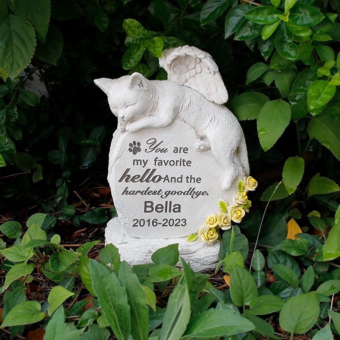 Personalized Cat Grave Markers with Angel Cat Statue - Memorial Stones for Cat Memorial Statue Outdoor Garden Loss of Pet Sympathy Gift