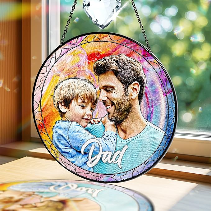 Personalized Grandpa Stained Glass Suncatcher, Photo Family Faux Stained Glass Window Hanging Ornament, Custom Photo Gift for Dad from Son Daughter, Birthday Gift for Grandpa, Uncle