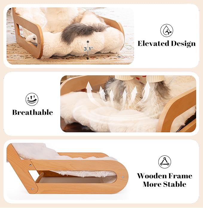 CHEERHOME PETS Elevated Cat Couch Bed for Indoor, Wooden Cats Sofa with Washable Fluffy Cover Raised Kitty Lounge Chair Suitable for Puppy(Cat Lounge Off-White)