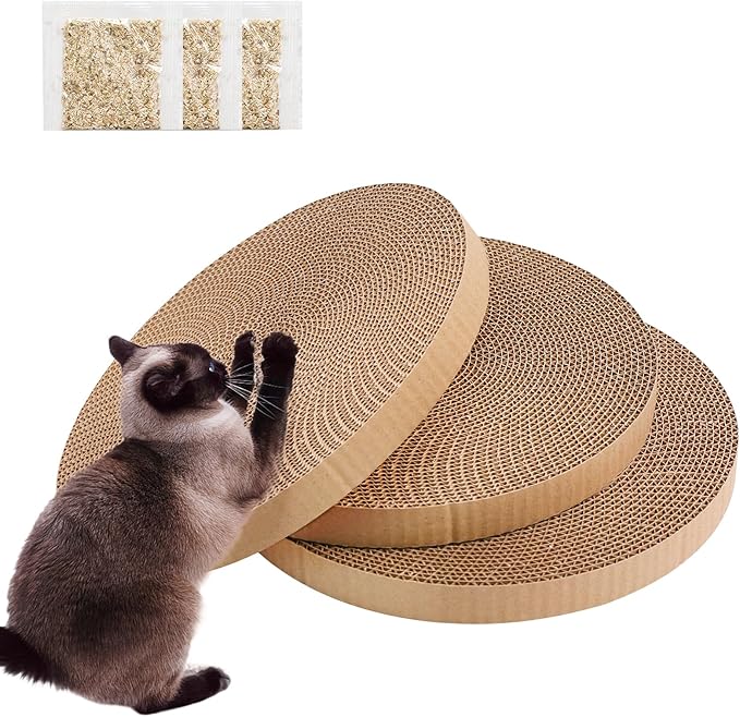 Round Cat Scratcher Replacement Pads -Circle Cat Scratcher Pad Cardboard Cat Scratchers Refill 10 inch Diameter 7/8 inch Thickness Pet Supplies, Relieves Stress, Supports Pet Behaviors, 3 Count