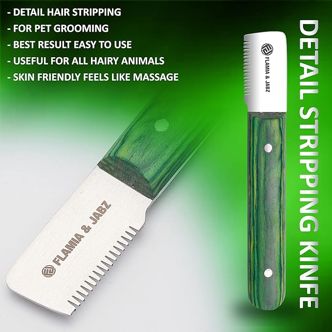 FLAMIA & JABZ FJ Professional Stripping Knife kit (6 pieces set) for Dogs & Pets, Wooden Handle Grip with Stainless Steel Blade (Right handed) (Green)