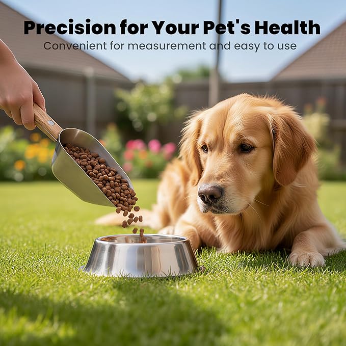 Dog Food Scoop 1 Cup,304 Stainless Steel Cat Food Scoop with Long Wooden Handle,Dog Food Measuring Cup with Precision Scale for Pet Food Rice Flour