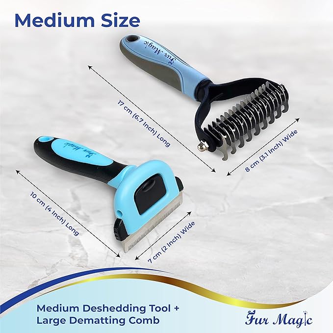 Fur Magic Medium Deshedding Tool & Dematting Comb – Grooming Brushes for Dogs, Cats, Horses – Reduce Shedding and Remove Knots, Mats and Loose Undercoat