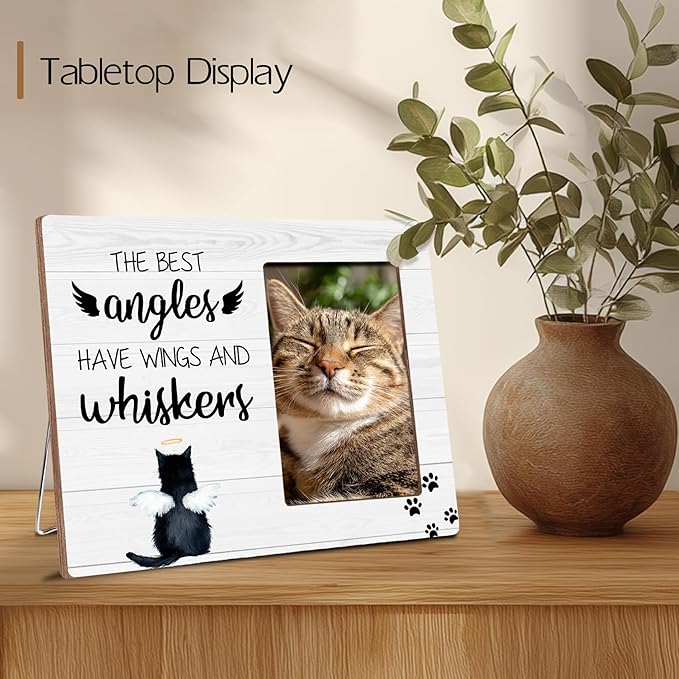 Cat Memorial Gifts for Loss of Cat, Angels Have Wings And Whiskers, Pet Memorial Wooden Picture Frame Sympathy Gifts, Fits 4x6 Photo Frame