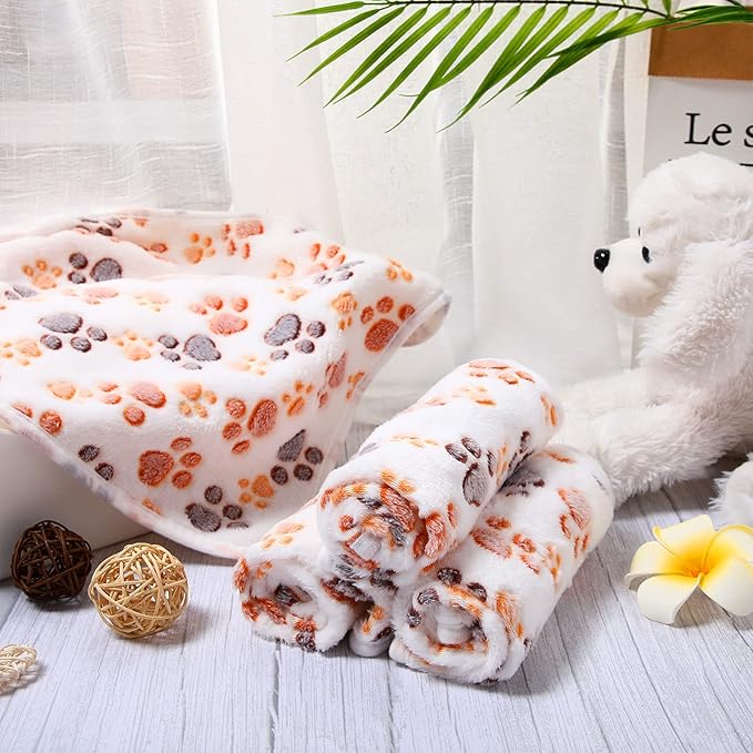 Tatuo 4 Pcs Dog Blanket for Pet Puppy Teething Toys Paw Print Fleece Blanket for Pet Cat Soft Warm Sleep Mat Guinea Pig Cage Mat(Medium(30 x 20.5 Inch),White)