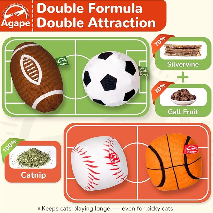 Agape 100% Catnip & Silvervine Filled Cat Toys, Interactive Chew & Kicker Balls for Indoor Cats, Enrichment and Teeth Cleaning Fun for Bored Cats and Kittens, 4 Pack Natural Crinkle Cat Toy with Sound