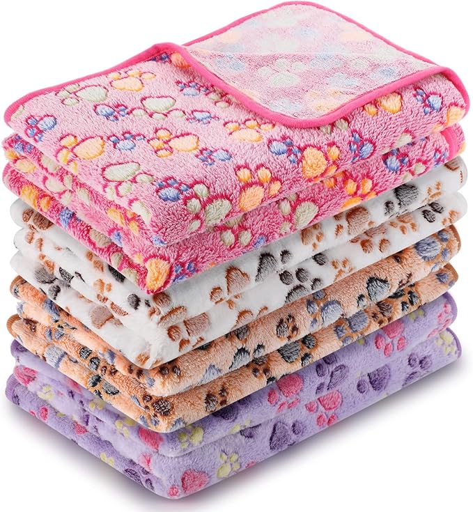 Tatuo 4 Pcs Dog Blanket for Pet Puppy Teething Toys Paw Print Fleece Blanket for Pet Cat Soft Warm Sleep Mat Guinea Pig Cage Mat(XXXX-Large(72 x 72 Inch),White, Coffee, Pink, Purple)