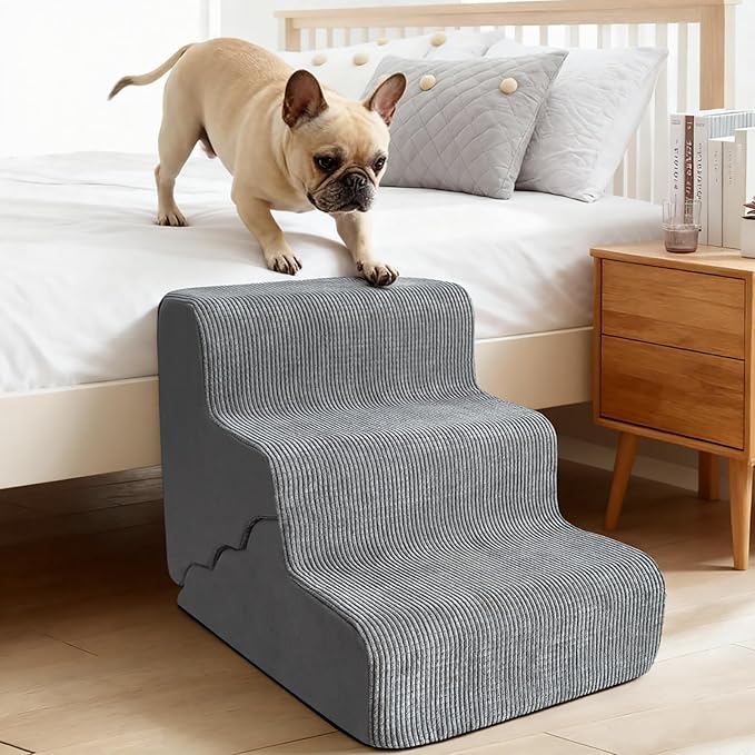 Pet Dog Stairs for Small Dogs, 2 in 1 Transformable 3-Step Pet Stairs and Wave Anti-Fall Slope for Short Legs and Long Legs Dog, for Couch (12-19 in) with Durable Non-Slip Waterproof Cover（Grey）