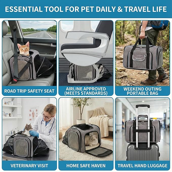 Airline Approved Cat Carrier Under Seat, 4-Way Expandable & Collapsible Soft-Sided Pet Carrier with Removable Fleece Pad - TSA Compliant for Cats, 18x11x11.5in Car & Plane Travel, Vet Visits