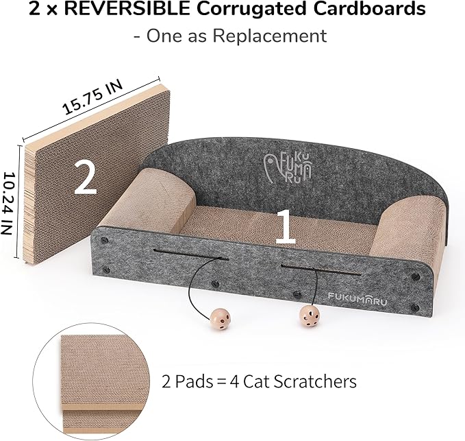 FUKUMARU 26 Inch Cat Scratcher Cardboard Lounge Bed, 2 Reversible Cat Scratch Pads Refill for Indoor Cats, Durable Cats Scratching Boards Extra Large Lounger Bed Sofa Couch with Ball Toy, Grey