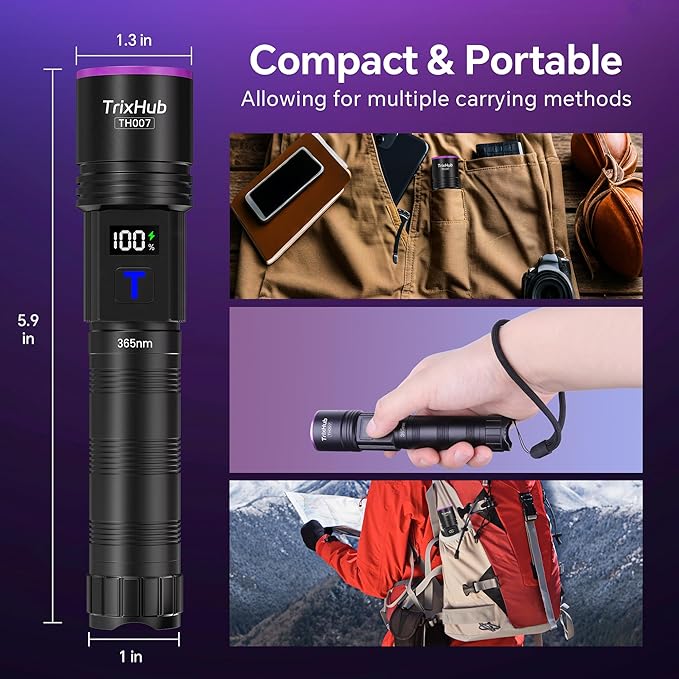 365nm Black Light Flashlight, UV Flashlight Rechargeable with LCD Display, Powerful Ultraviolet Lights for Pet Urine Detection, Resin Curing, Rockhounding, Scorpion, Uranium Glass, A/CLeak