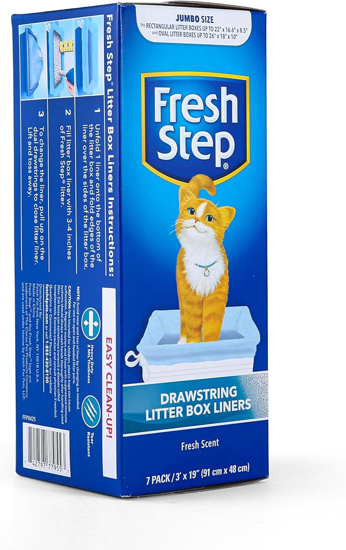 Fresh Step Jumbo Drawstring Cat Litter Box Liners,Scented Heavy Duty Kitty Litter Bags for X-Large Oval or Rectangle Pans,Helps Contain Mess for Easy Lift Out Cleanup,36 x 19 in,7 Count (Pack of 2)