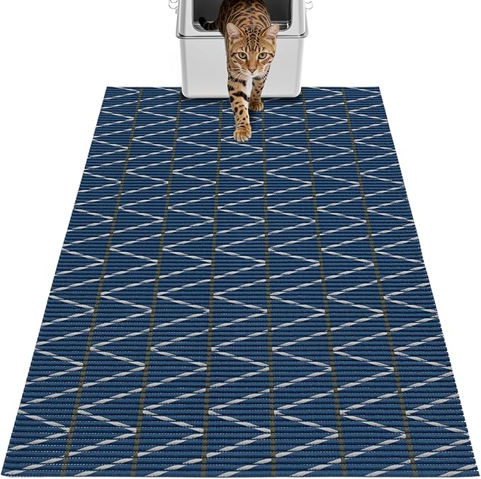 Extra Large Cat Litter Mat, 40x25 Inch Trimable & Soft Foam Pad, Leak-Proof & Non-Slip Bottom, Machine Washable, Scatter Control for Litter Box Area (Navy Chevron)