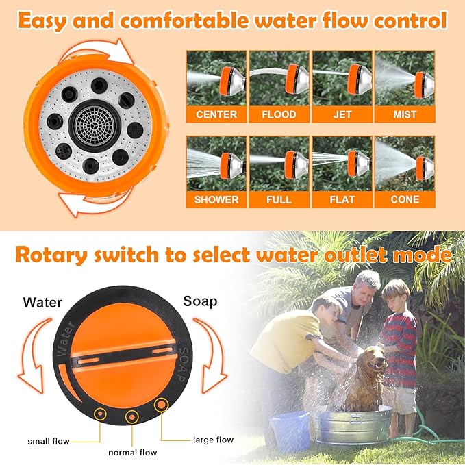 Upgrade Dog Washing Hose Attachment, 8 Spray Patterns Dog Wash with 3.5oz 100cc Soap Dispenser, Dog Washing Gloves, Dog Bath Brush, Suitable for Watering Plant, Patio, Cleaning, Showering Pet