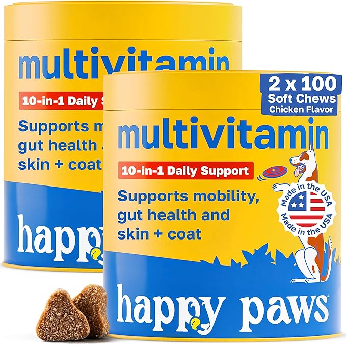 Happy Paws 10-in-1 Dog Multivitamin, Supplements for Dogs for Daily Nutritional & Immune Support, Suitable for All Breeds & Ages with Coconut Oil, Vitamin D3 and Biotin, Vegan Lamb Flavor, (200 Chews)