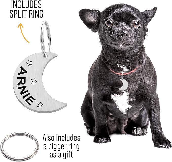 Custom Moon Pet Tag ID, Personalized Stainless Steel Cute Shiny Bling Stars Collar Tag Lost Boy & Girl Dogs Puppies Cats & Ring Engraved SOS Customizable with Owner Information Name, Phone, Address