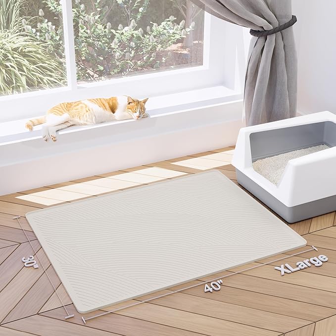 Cat Litter Box Mat - XL Extra Large Size 40 x 30 in, Water Proof, Kitty Litter Trapping Mat, Easy to Clean, Scatter Control, Odorless, Pet Supplies for Indoor Cats, Warm Beige