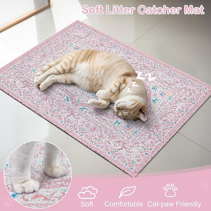 Bienbee Cat Litter Mat, 33" x 22" Waterproof Litter Box Mat Litters Rug with Non-Slip Bottom, Easy to Clean Litter Trapping Mat for Cat,Pink-Green Datura L