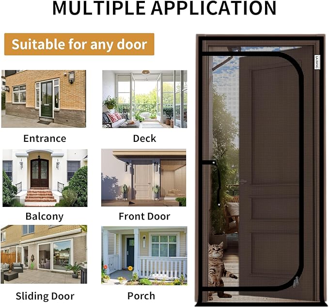 Cat Screen Door 36x83'' Reinforced Cats Resistant Mesh Screen Door with Zipper Closure, Pets Scratch Proof Screen for Living Room, Bedroom, Patio, Fits Openings 34x81''