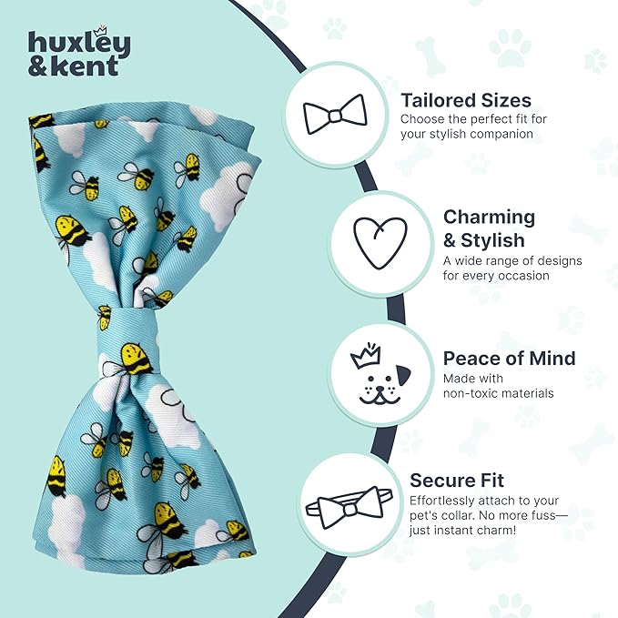 Huxley & Kent Pet Bow Tie for Dogs & Cats - Spring Theme Adjustable Hook & Loop Collar Accessory - Cute & Comfortable for Holidays & Celebrations - Busy Bees, Large