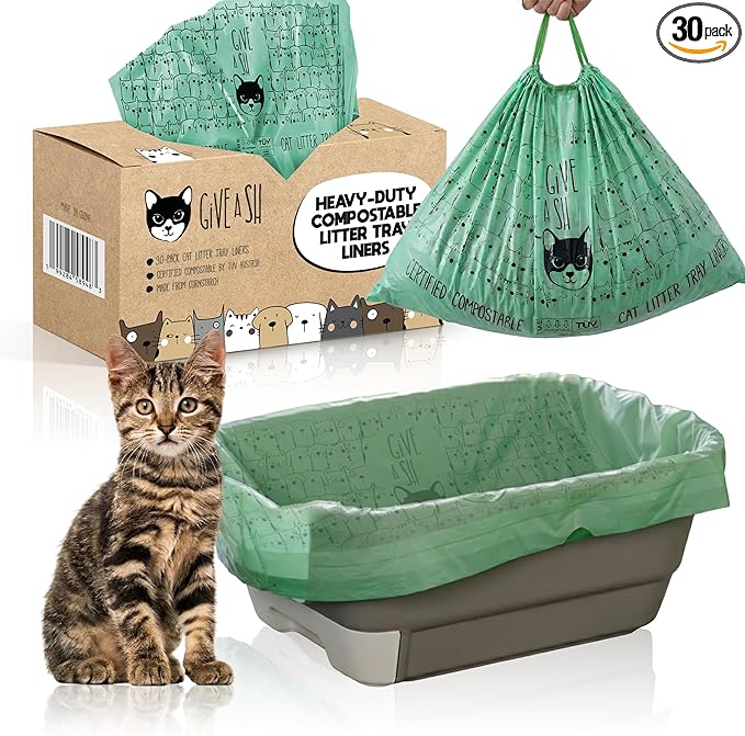 Home Compostable Cat Litter Box Liners, Jumbo XL 36” x 19” Drawstring - Extra Thick Heavy Duty Litter Box Bags, Tear Resistant & Leak-Proof Cat Liners for Easy Cleanup - Pack of 30
