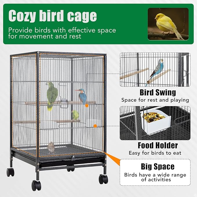 BestPet 35 inch Wrought Iron Bird Cage with Play Open Top and Rolling Stand,Large Parrot Cage Bird Cages for Parakeets,Cockatiel, Canary, Finch, Lovebird, Parrotlet,Pigeons (35 inch)