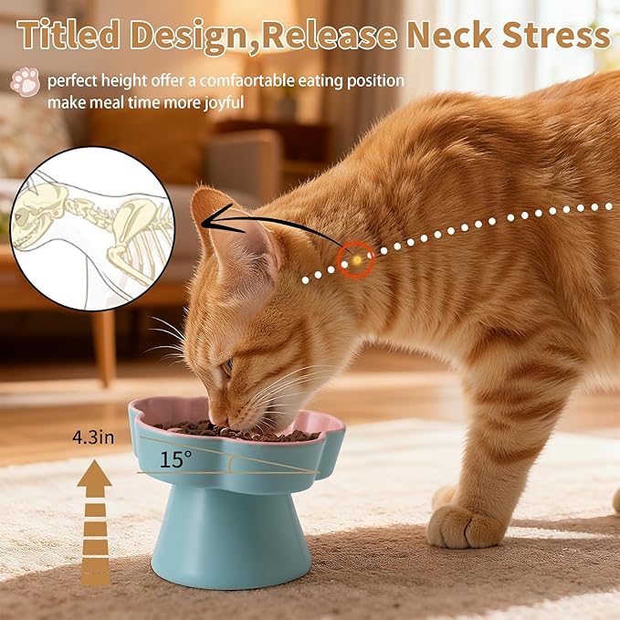 Tilted Cat Bowl, Flower-Shaped Ceramic Slow Feeder Cat Bowl, Raised Pet Bowl for Whisker Relief, Prevents Vomiting & Bloating, Non-Slip Base, Easy to Clean for Dry/Wet Food (Pink & Blue)