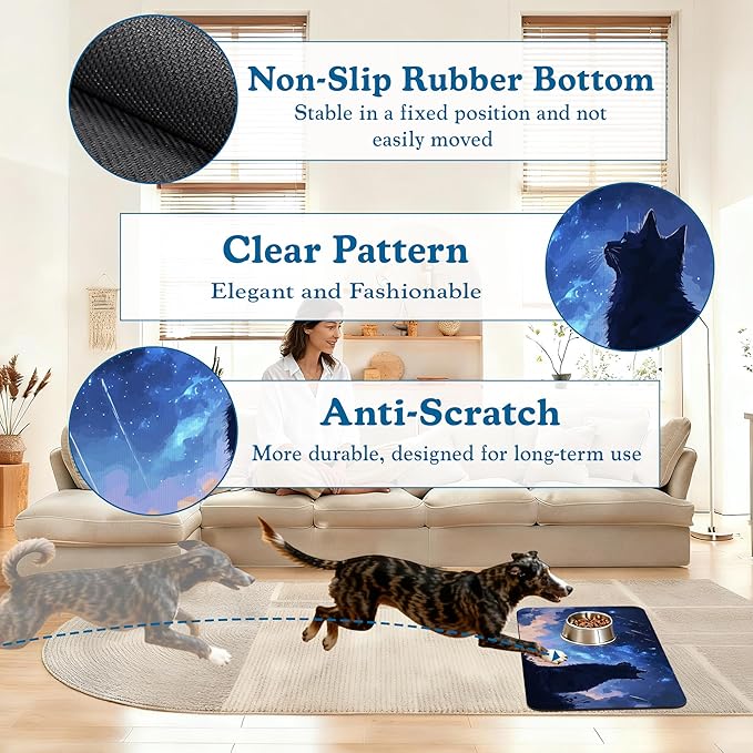Starry Night Cat Dog Food Mat–Christmas Stocking Absorbent Quick Dry Feeding Placemat for Food and Water Bowls, Non Slip Rubber Backing, Waterproof Pet Supplies for Mess-Free Eating 12"x20"