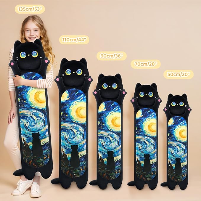 Mewaii Long Cat Plush 5 Sizes, 120% Extra Filling Giant Plushness Kids Body Pillow, Kawaii Cute Black Starry Cat Stuffed Animals Plushies, Big Long Body Pillow Cat Plush Gift for Girls 44”