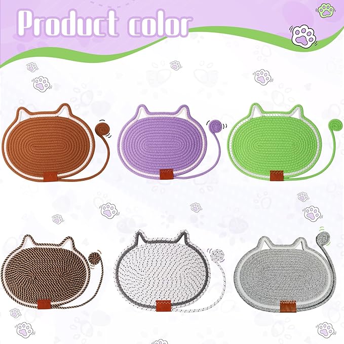 2 PC Cat Scratcher Mat - Natural Cotton Rope Oval Horizontal Scratch Pad (11''x13.7'') with Dangling Ball Toy, Cat Ear Design, Furniture Protector for Floor/Wall, Durable Handmade (White, 2 PC)