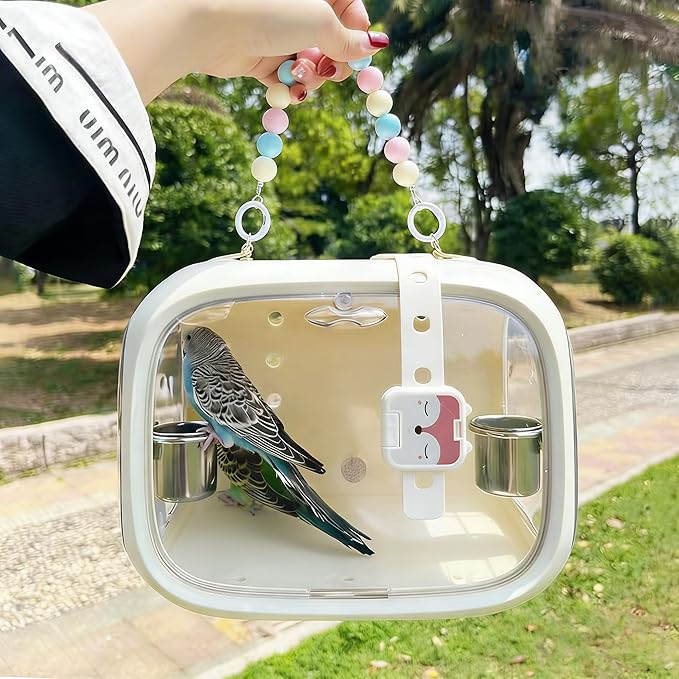 Small Bird Travel Cage Carrier, Portable Parrot Parakeet Cockatiels Carrier with Standing Perch and Easy Clean Tray, Budgies Transparent Breathable Cage with Accessories (Beige)