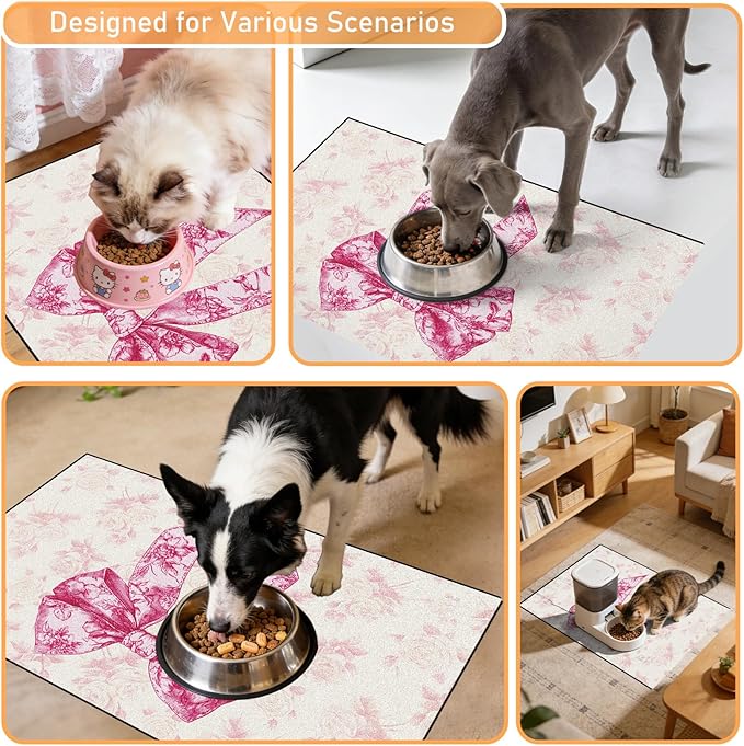 Dog Bowl Mat for Food and Water - Hamdwerk Absorbent Anti Slip Cat Feeding Mats for Floors, Quick Dry Pet Dog Feeding Matts, Diatomite Pet Dish Placemat Supplies, Coquettee Bow Style, 12 * 20in