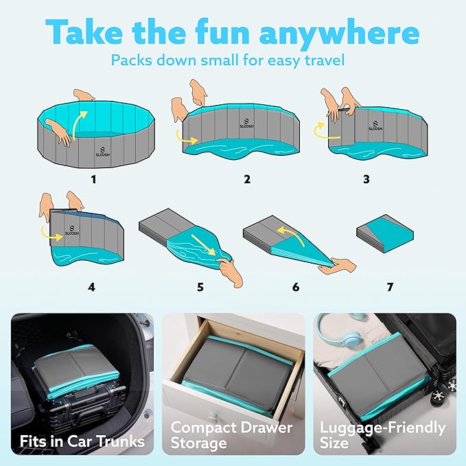 SLOOSH Foldable Dog Kiddie Pool - Portable Hard Plastic Doggie Swimming Pool, Anti-Slip Collapsible Pets Bath Tub Suitable for Kids Indoor Outdoor Backyard Use (Grey, 48" x 12")