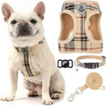 EXPAWLORER Plaid Small Dog Harness and Leash Set with AirTag Holder - Soft Padded Step in Dog Vest Harness Medium Sized Dog, No Pull Reflective Puppy Harness, Collar and Leash for Walking, Khaki XS