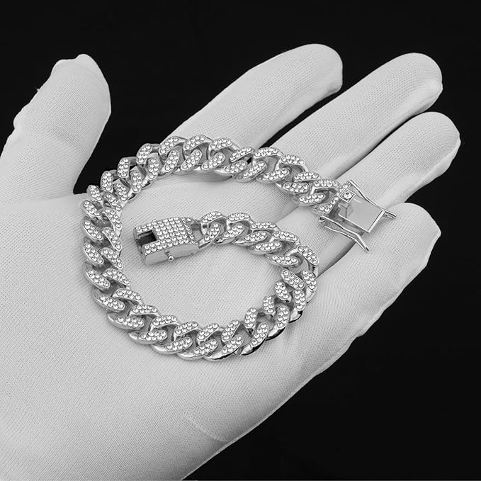 Dog Chain Collar Silver Dog Necklace Diamond Cuban Link Dog Collar 13mm Wide Metal Pet Cat Dog Chain Crystal Collar Jewelry Accessories for Large Medium Small Dogs Cats(Silver,12 Inch)