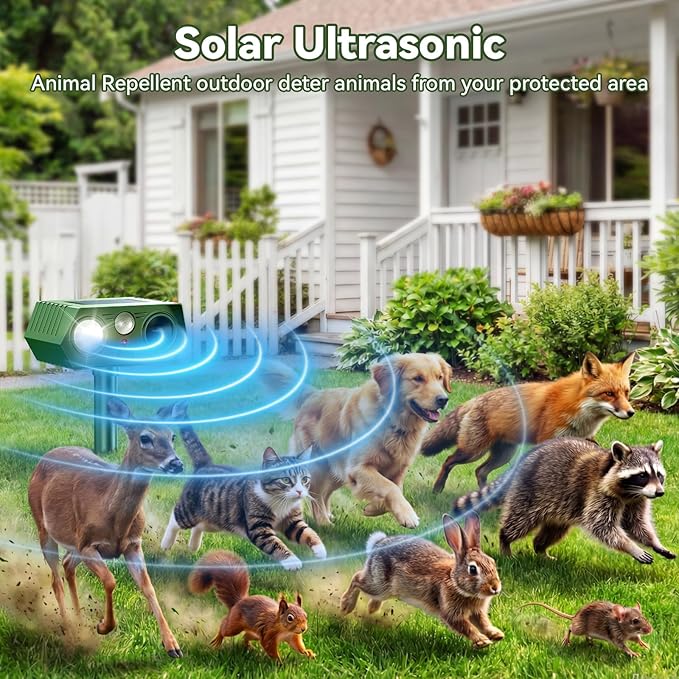 2026 Upgraded Solar Ultrasonic Animal Repellent Outdoor Deer Cat Repellent with Motion Sensor Flash Light,IP65 Waterproof Repeller Keep Rodent Squirrel Raccoon Opossum Skunk Out of Yard Farm -2 Pack