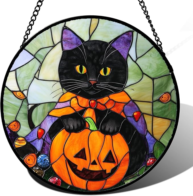 Stained Glass Window Hanging Black Cat Orange Pumpkin 6.3" - Suncatcher Door Garden Kitchen Sun Catcher Home Decor Birthday for Lost Pets Mom Men Woman Friend Grandma