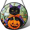 Stained Glass Window Hanging Black Cat Orange Pumpkin Large 15" - Suncatcher Door Garden Kitchen Sun Catcher Home Decor Birthday for Lost Pets Mom Men Woman Friend Grandma