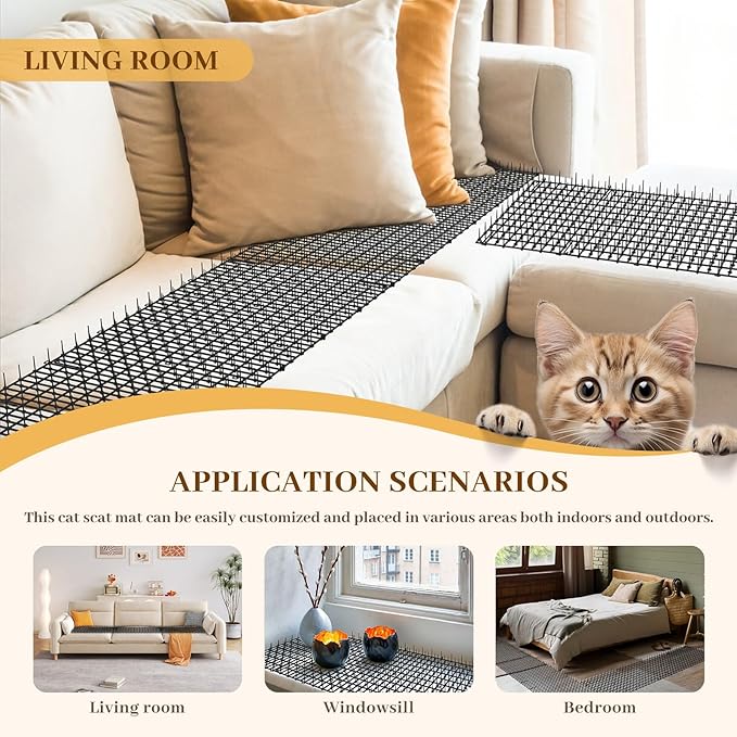 Hmyomina 16.4FT Cat Scat Mat for Cats - Anti-Digging Prickle Strips to Repel Cats, Include 6 Staples, Humane & Easy to Install Outdoor/Indoor Spike Mat