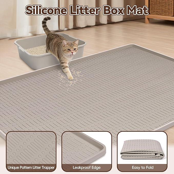Kalolary Large Cat Litter Box Mat, 47" x 35" Silicone Litter Trapping Mat for Cats, Trapping Mat for Scatter Control with Raised Edge Waterproof Silicone Pad for Floor Non-Slip Easy to Clean (Beige)
