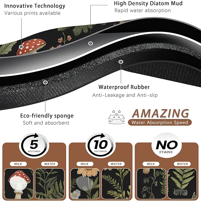 Red Mushroom Pet Feeding Mat,Fern Herb Butterfly Absorbent Quick-Dry Cat Dog Food and Water Bowl Mats,Non-Slip Rubber Backing Mat,Cat Dog Accessories Supplies 16"x24"