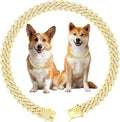 Luxury Cuban Link Dog Collar Gold Dog Chain Necklace with Diamond Rhinestones - 0.59 Inch Width Metal Pet Collar Jewelry for Small Medium Large Dogs & Cats (16 inch)