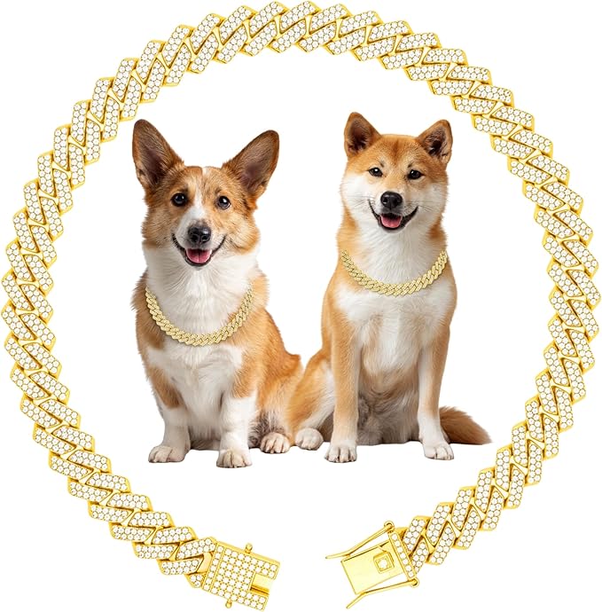 Luxury Cuban Link Dog Collar Gold Dog Chain Necklace with Diamond Rhinestones - 0.59 Inch Width Metal Pet Collar Jewelry for Small Medium Large Dogs & Cats (16 inch)