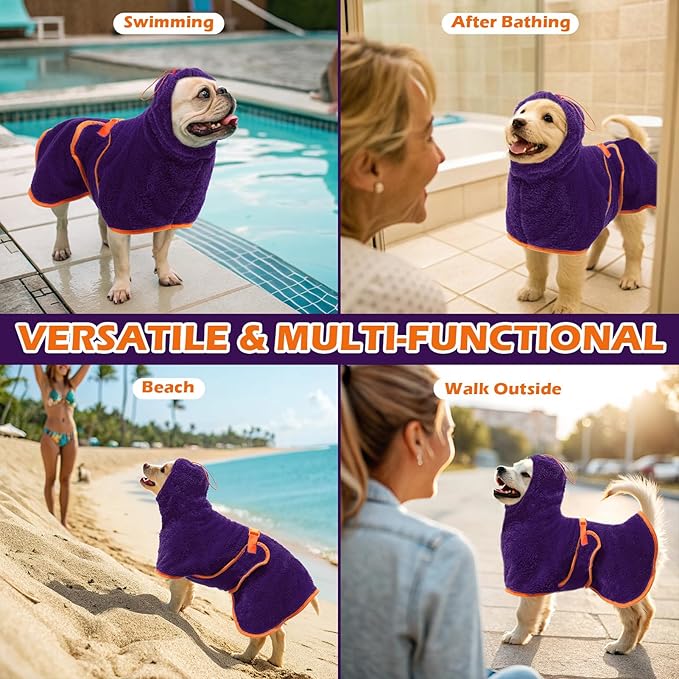 EXPAWLORER Soft Dog Bathrobe with Hood, Super Absorbent & Quick-Drying Dog Towels, Cozy Drying Coat for After Bath,Swimming, Purple S