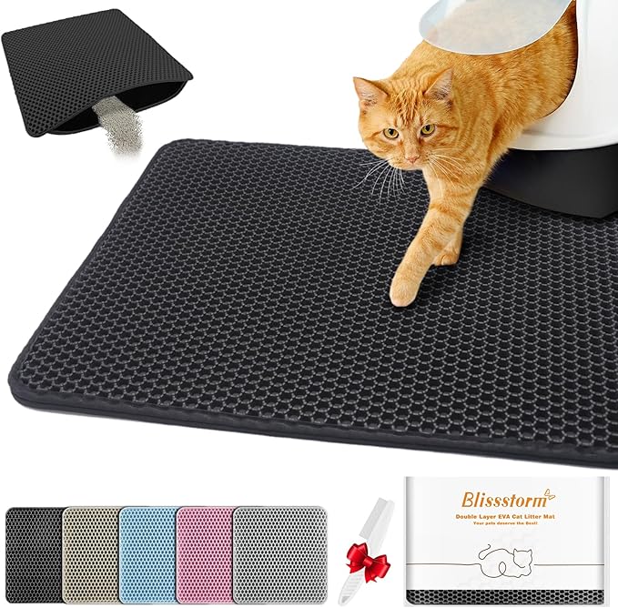 Waterproof Cat Litter Mat, Double Layer EVA, Odor-Free Large Grid, Urine Proof, Easy Cleanup (Black, 24 x 35)