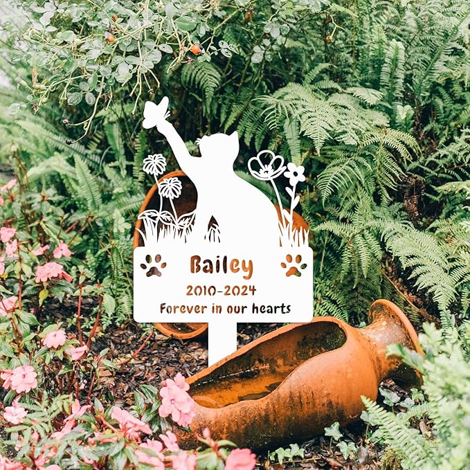 Custom Cat Grave Marker Cat Burial Stake, Personalized Butterfly Flowers Cat Memorial Garden Stake, Metal Cat Memorial Plaque for Outdoors, Customized Pet Headstone