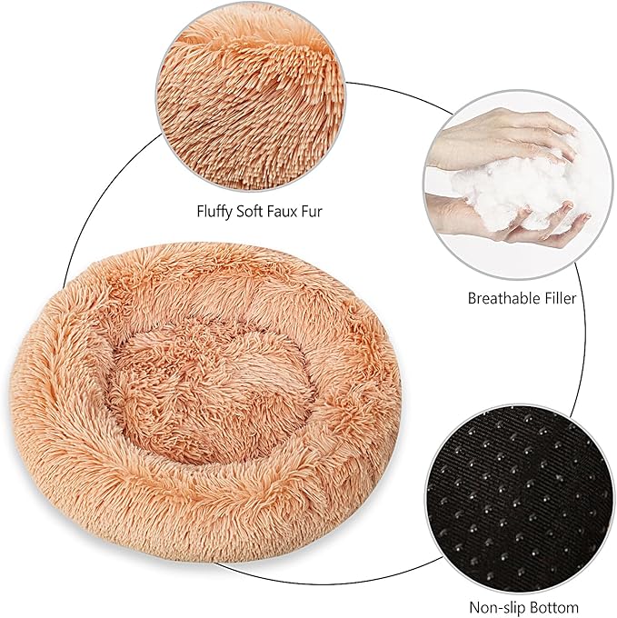 Calming Dog Bed for Small Dogs Cats, Kitty Puppy 23'' Round Anti-Anxiety Warm Fluffy Plush Faux Fur Bed, Soft Anti-Slip Donut Washable Small Pet Bed, Cozy Cat Puppy Bed, Fits up to 30 lbs Pets